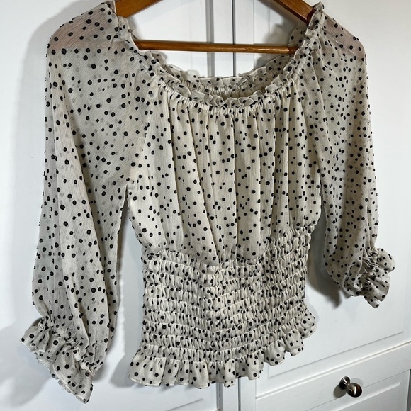 Anthropologie | Lucia Smocked | Off The Shoulder | Blouse | Black/White |‎ Small - Picture 5 of 9